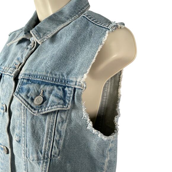 Topshop Moto Denim Vest US 4 Cotton Light Wash Cut Off Sleeves Jypsy Embroidery - Picture 4 of 9
